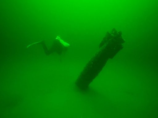 Taucher erkundet ein versunkenes Objekt in trübem, grünlichem Wasser.