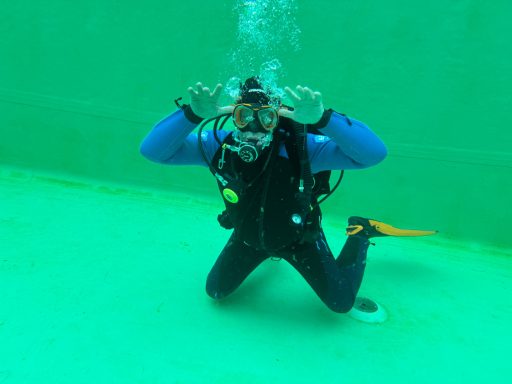 Ein Taucher in einem blauen Neoprenanzug unter Wasser mit Schnorchel und Flossen.